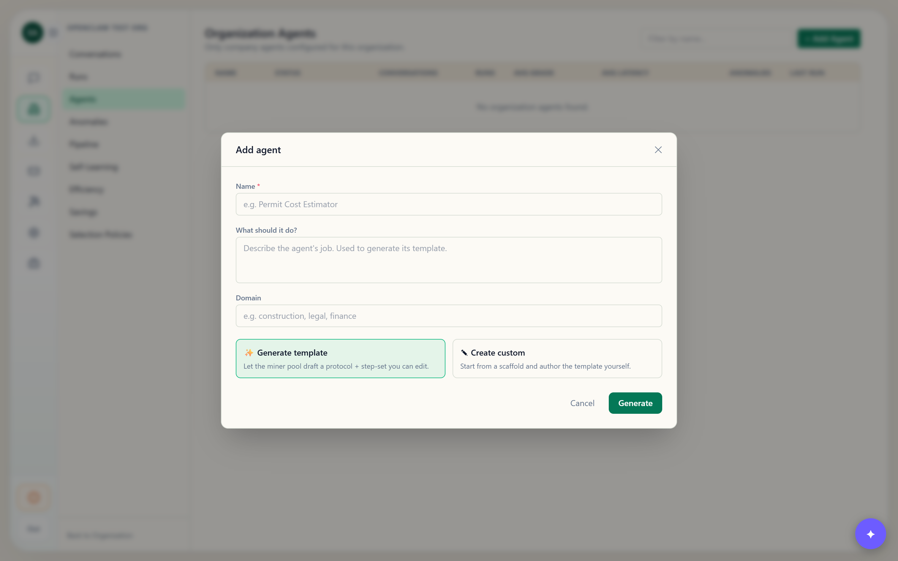 Add Agent dialog — name, description, domain, and Generate vs Create Custom