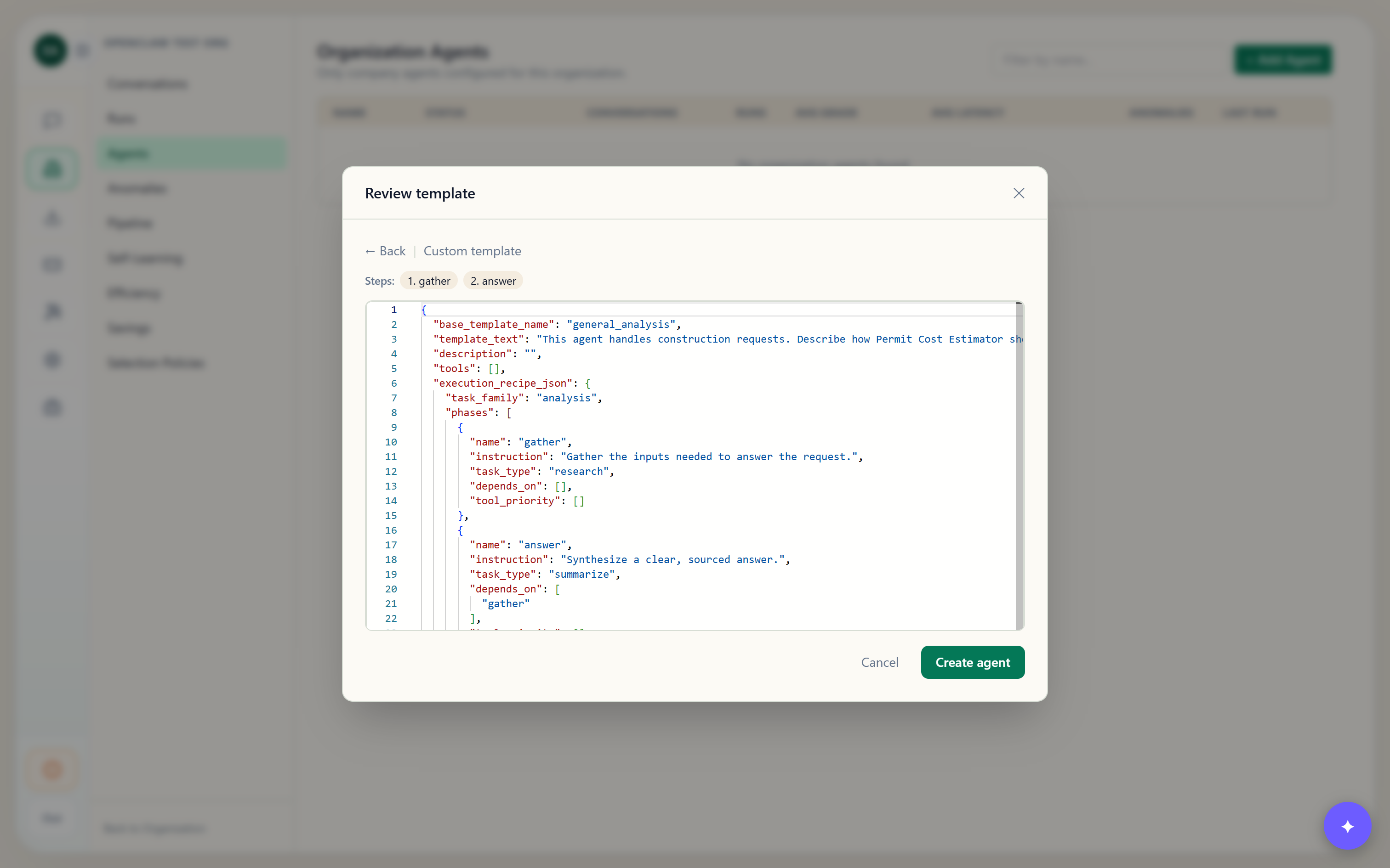 Custom template editor showing the JSON contract and the step-set phase chips