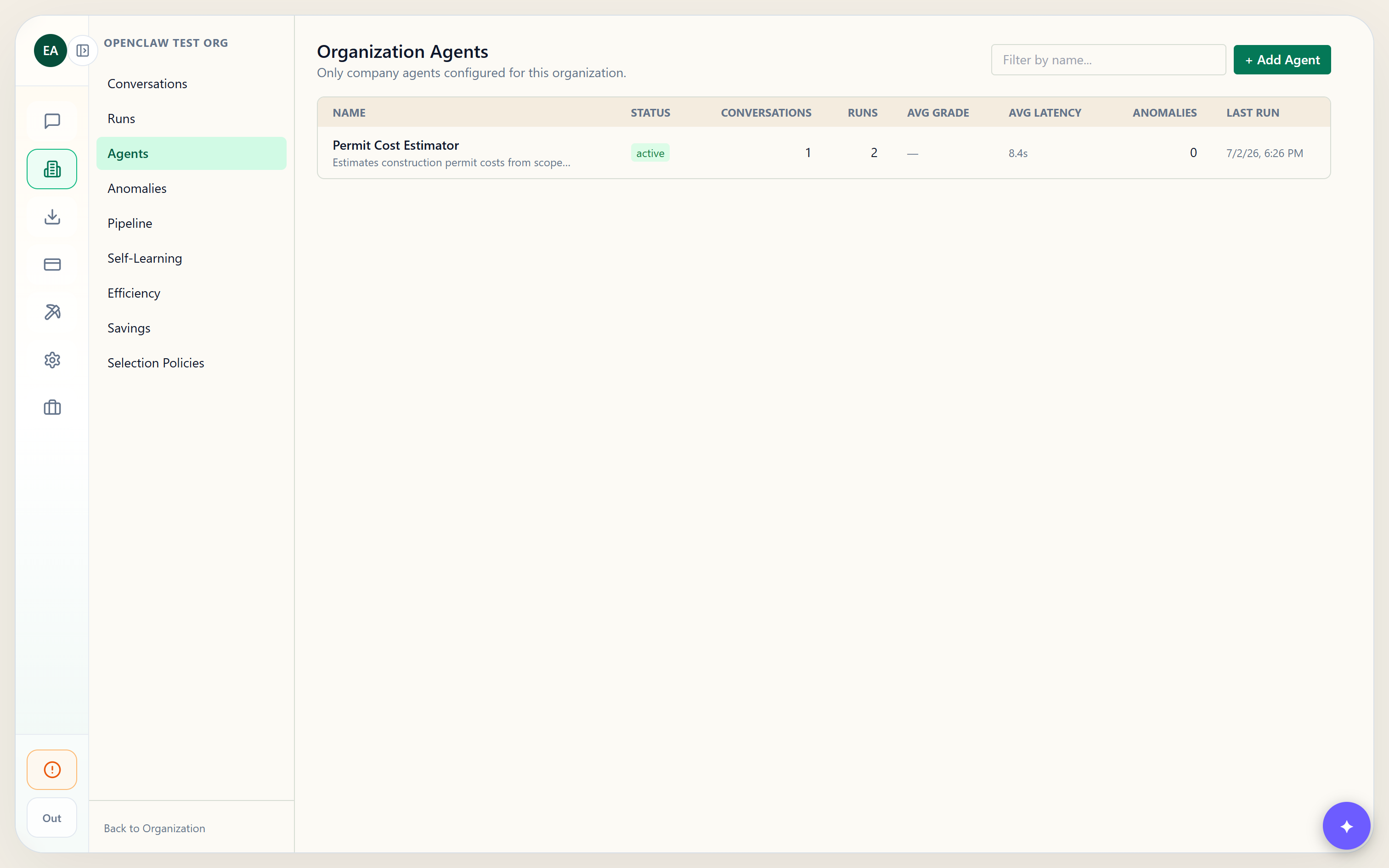 The newly created agent listed in Observability Agents with run telemetry
