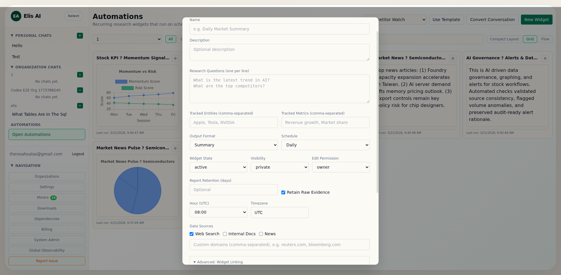 Widget editor showing the linking section