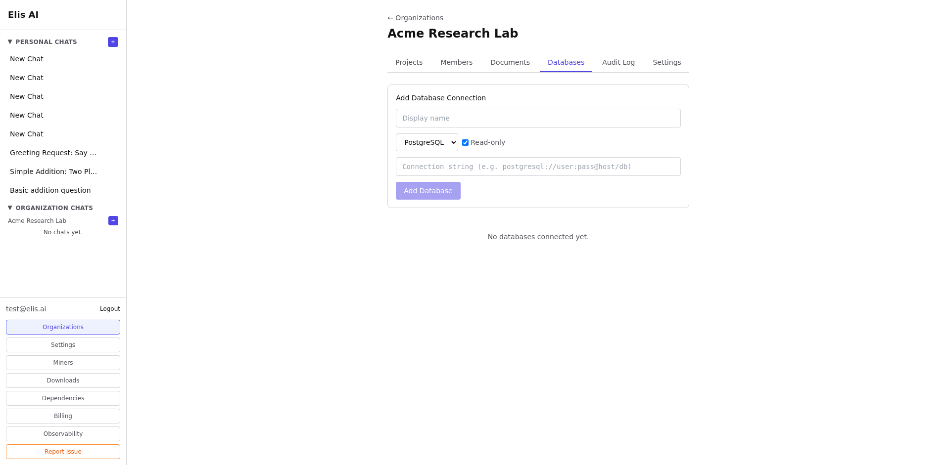 Databases tab in organization