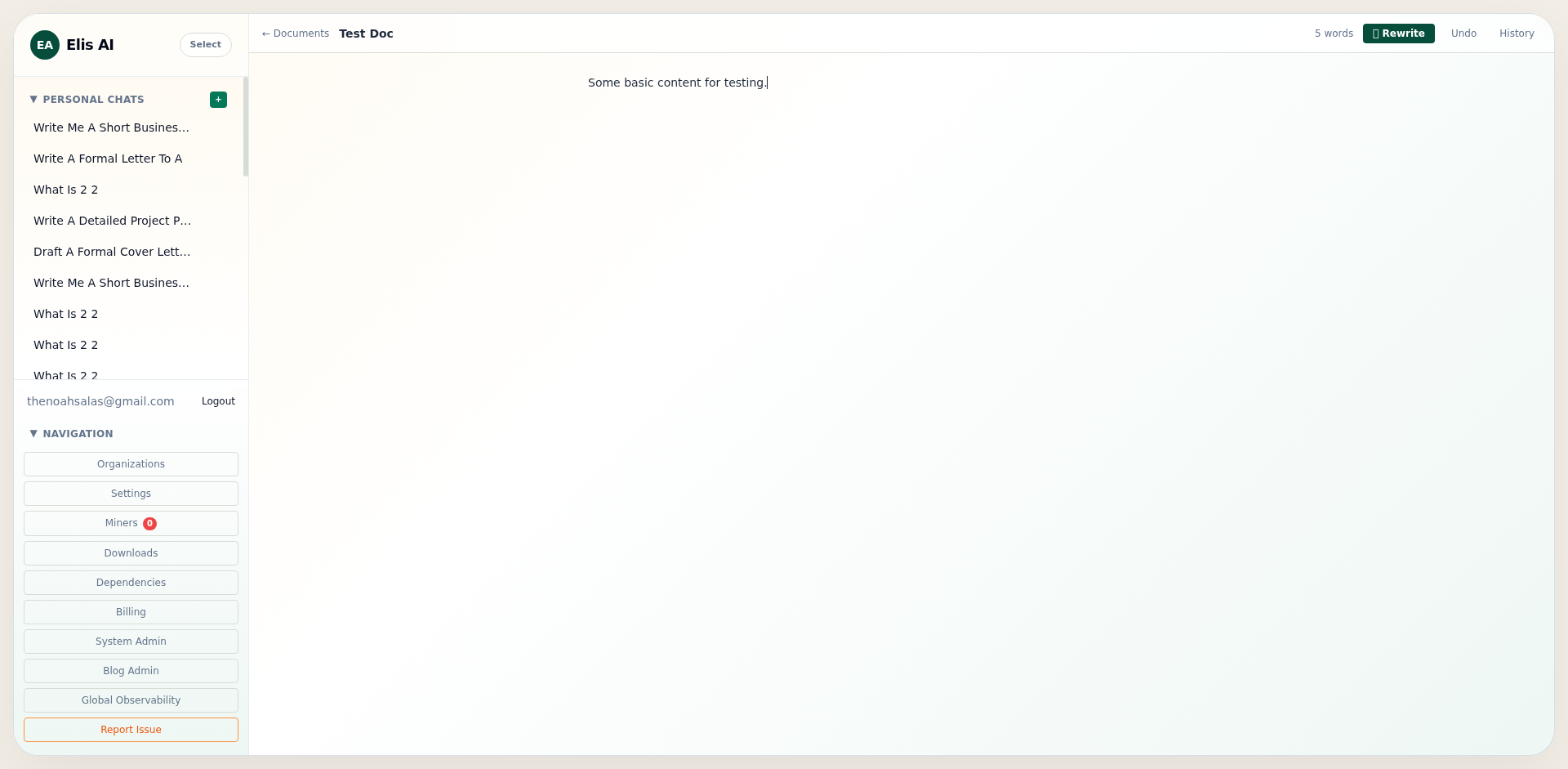 Editor header with Rewrite Undo History Link doc Merge and word count
